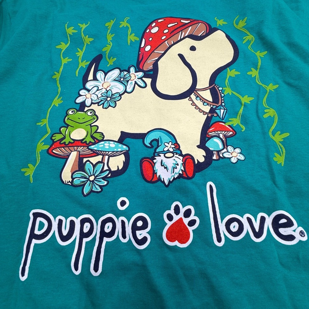 Puppie Love Mushroom Pup Teal Graphic T-Shirt Womens Large NWT Jade Dome Gnome